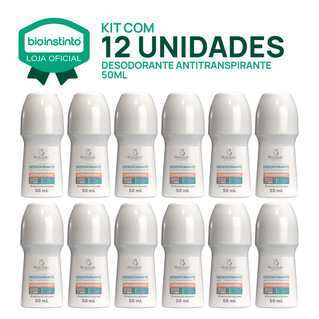 KIT 12 UN DESODORANTE Roll-on 50ml Bio Instinto Antitranspirante Proteção Prolongada Vegano