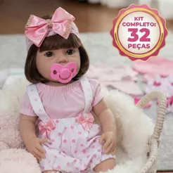 Boneca Bebê Reborn Realista Menina Silicone Pode Banho + Enxoval Luxo 32 Itens Presente Perfeito - 45cm!