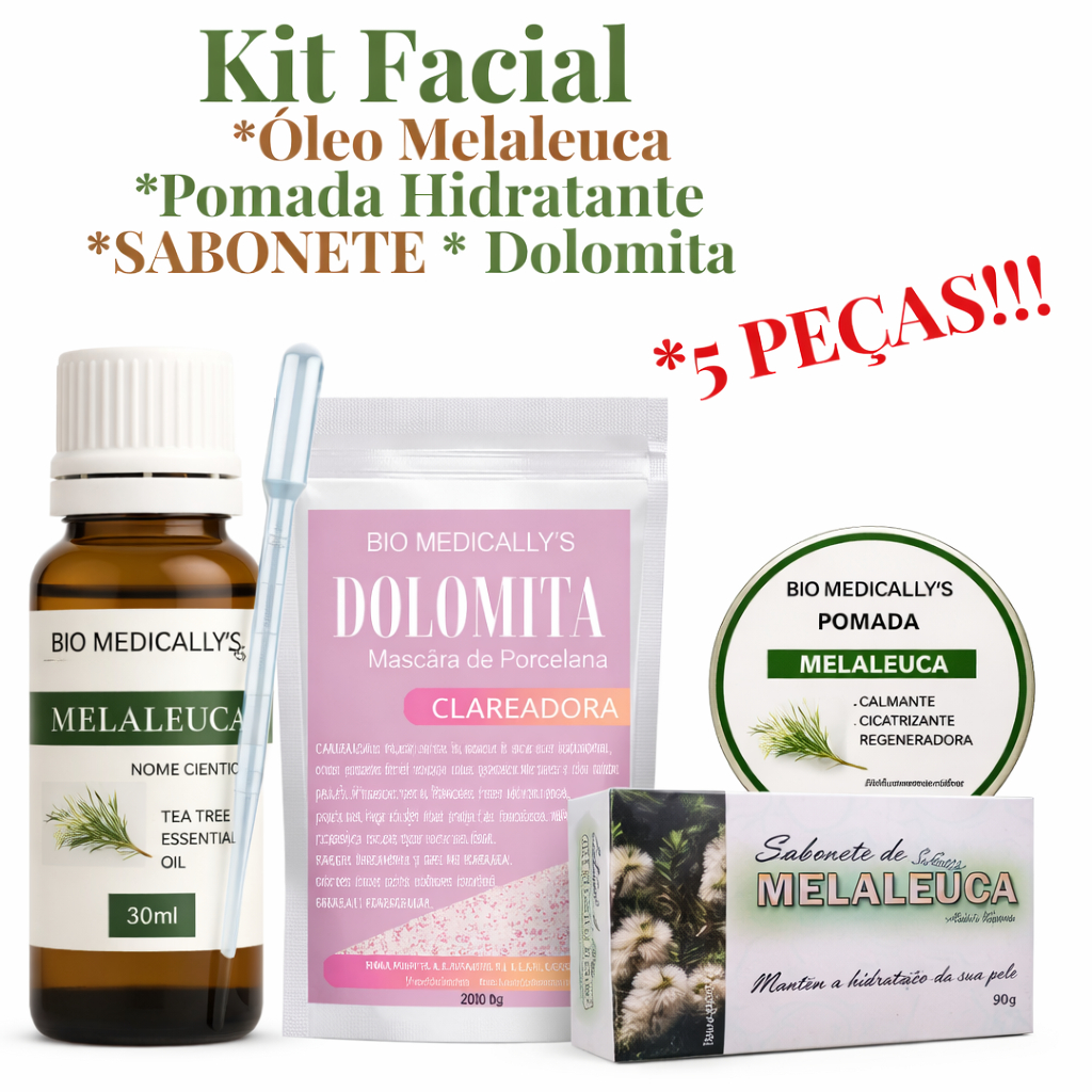 Kit Skin Care Óleo MELALEUCA 30ml + Sabonete 90g + Dolomita 200g+ Pomada 20g+ Pipeta (5PEÇAS)