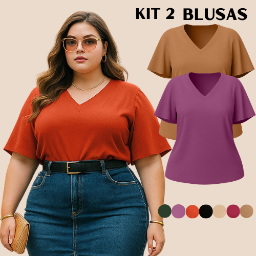 BLUSAS PLUS SIZE FEMININA KIT 2 BLUSA FEMININO ELEGANTE GRANDE MODA SOCIAL MANGA FLUIDO BLOGUEIRA MODERNA CONFORTÁVEL