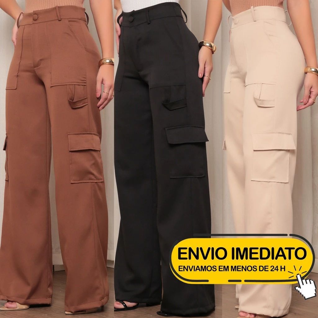 Calça Pantalona Cargo Alfaiataria Feminina Cintura Alta com Bolsos