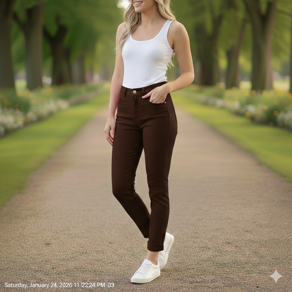 Calça Mom colorido Jeans Feminina Barrinha Dobrada Cintura Alta Sem Lycra