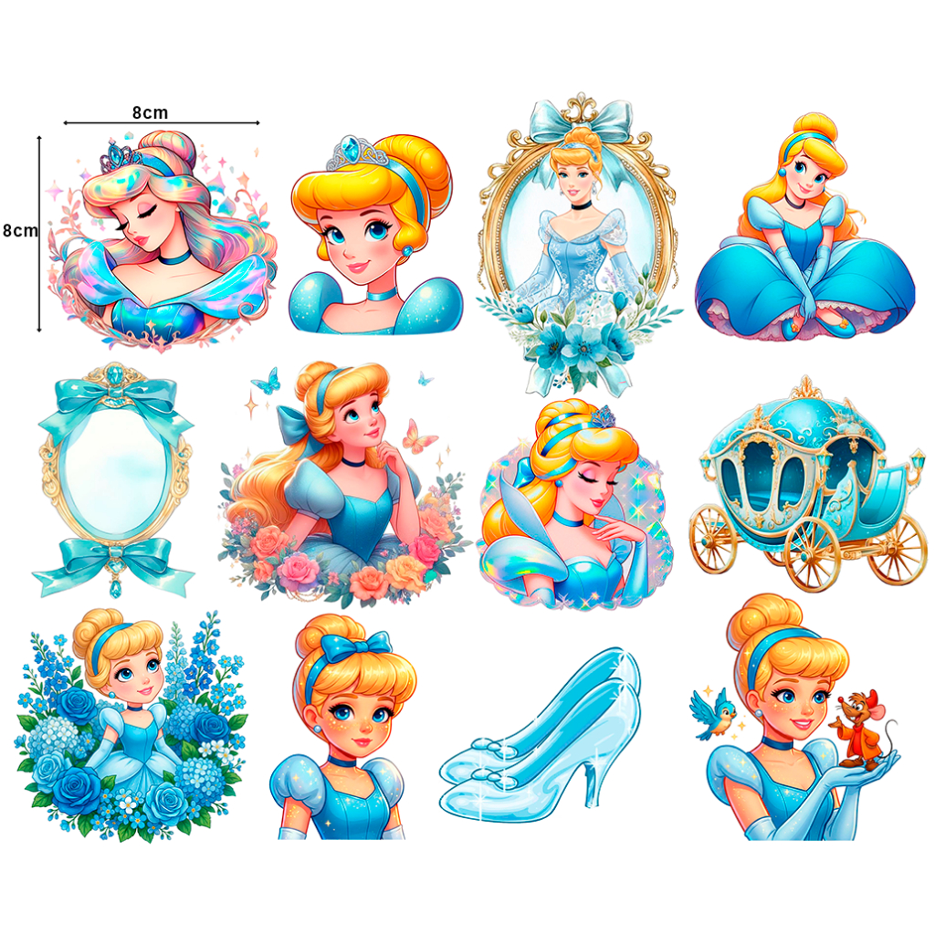 Kit DTF 12 Apliques Princesas Disney 8cm Termocolante Para Roupas Transfer Textil Aplicar em Qualquer Tecido Ariel, Bela