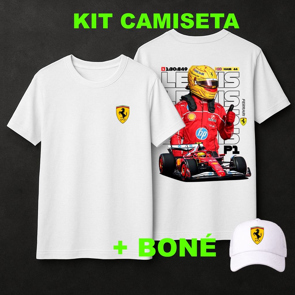 Kit Camiseta Ferrari Lewis Hamilton Fórmula 1 + Boné  Masculino Envio IMEDIATO