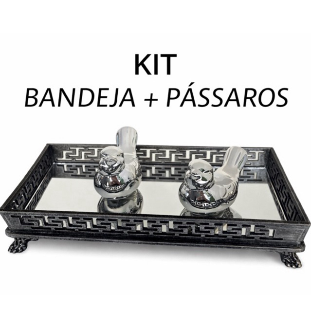 Kit Bandeja Decorativa Espelhada + Pássaros de Luxo-Lavabo-Sala-Escritório-Decoração-De-Luxo
