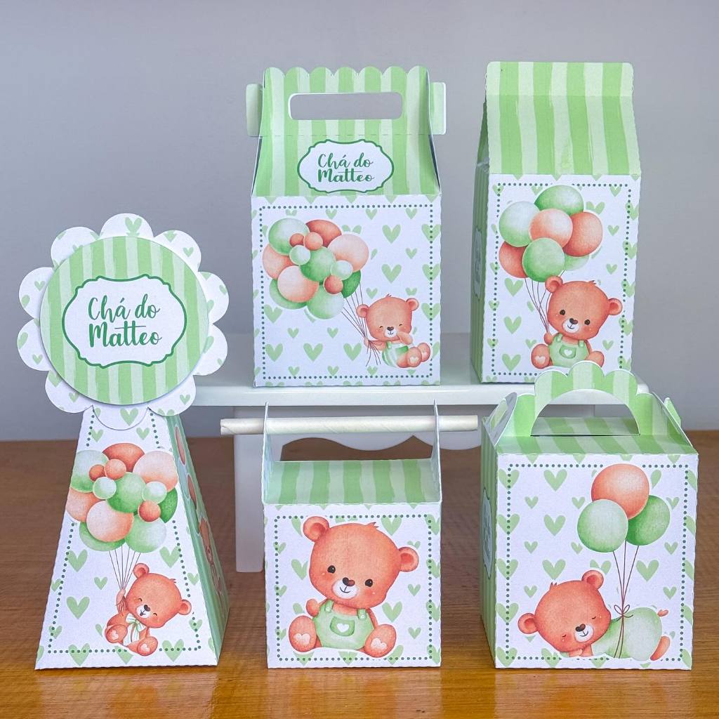 Kit Caixinhas Personalizadas Tema Chá de Bebê Ursinho Verde Claro Pegue e Monte/Lembrancinhas (LEIA A DESCRIÇÃO)