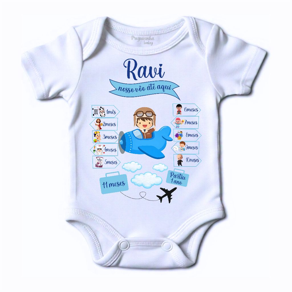 Body bebê Tema O tempo Voa personalizado com nome e mês Conclusão de mesversario Nosso voo até aqui