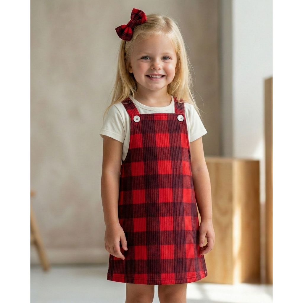 Salopete e Blusa Conjunto de Verão Blusa e Jardineira Infantil Estampa de Xadrez Vermelha para criança menina