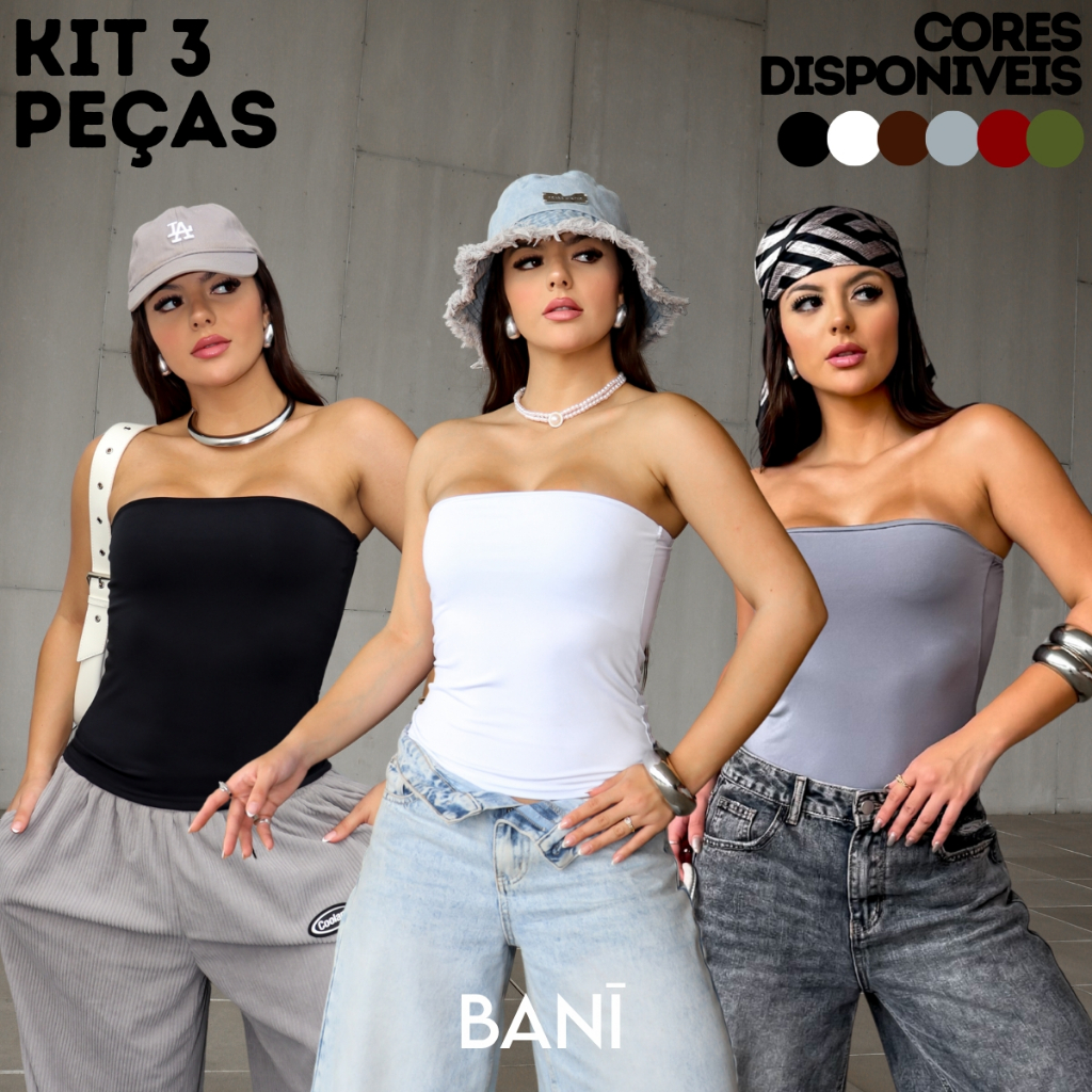 KIT 3 Tube Top Feminino Suplex Faixa Blusa Duplo Cropped Tubinho Básico Suplex Blogueira Premium em Oferta na Shopee