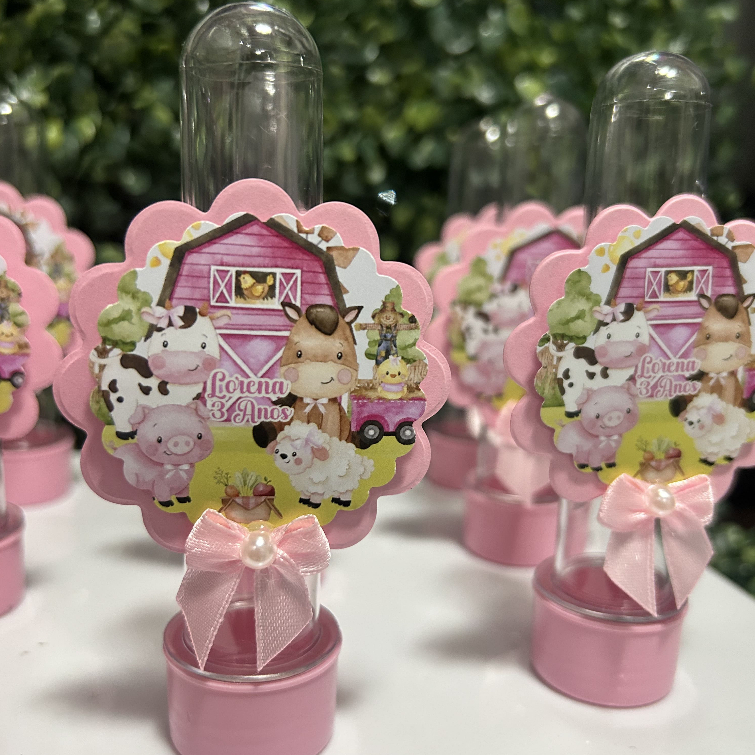 Kit Tubete Personalizado, Lembrancinha para Festa , Aniversários , Chá BB, Fazendinha Rosa - FAZEMOS TODO