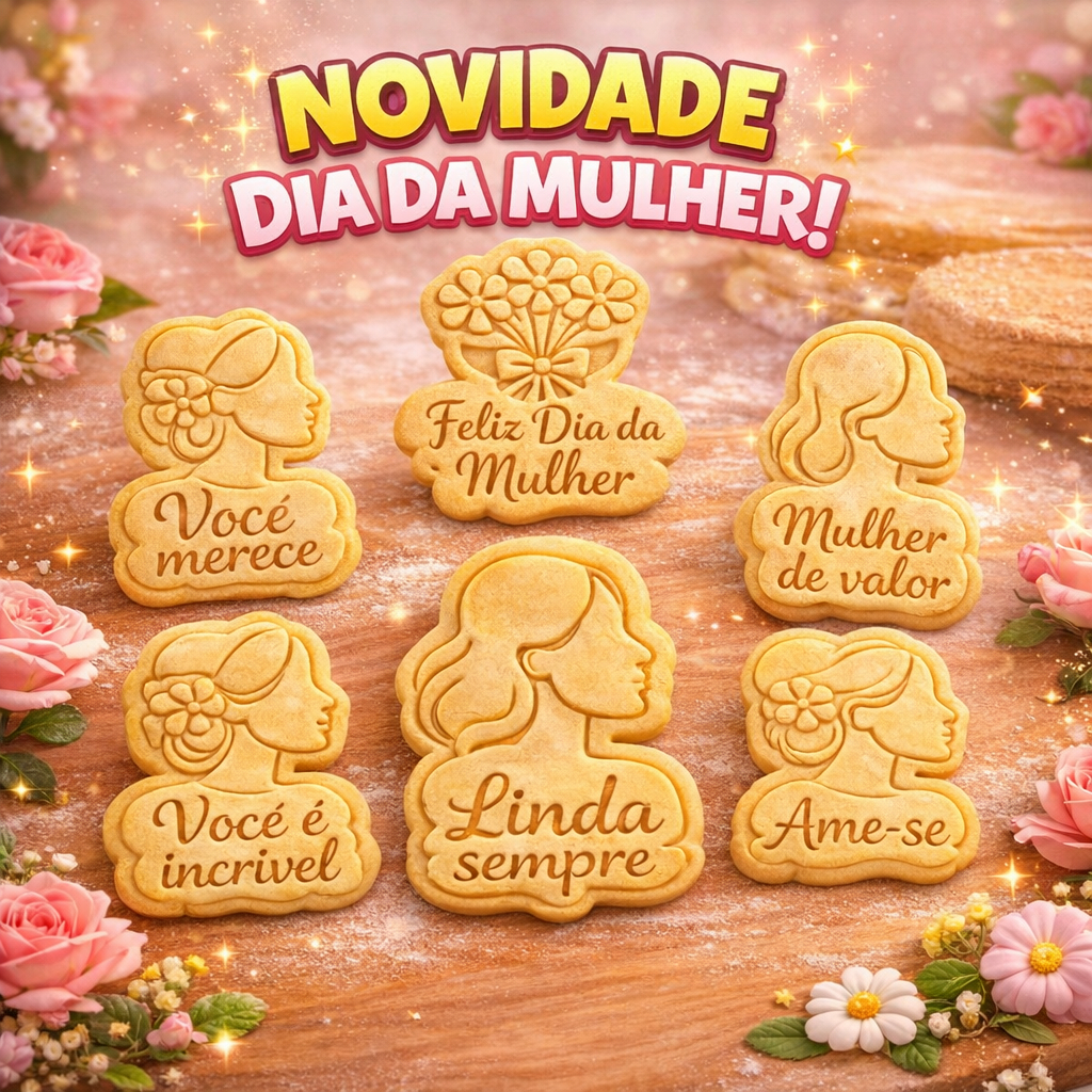 Kit Cortadores de Biscoito Dia da Mulher 6 Peças – Cortador e Marcador 3D  | Pasta Americana e Biscuit