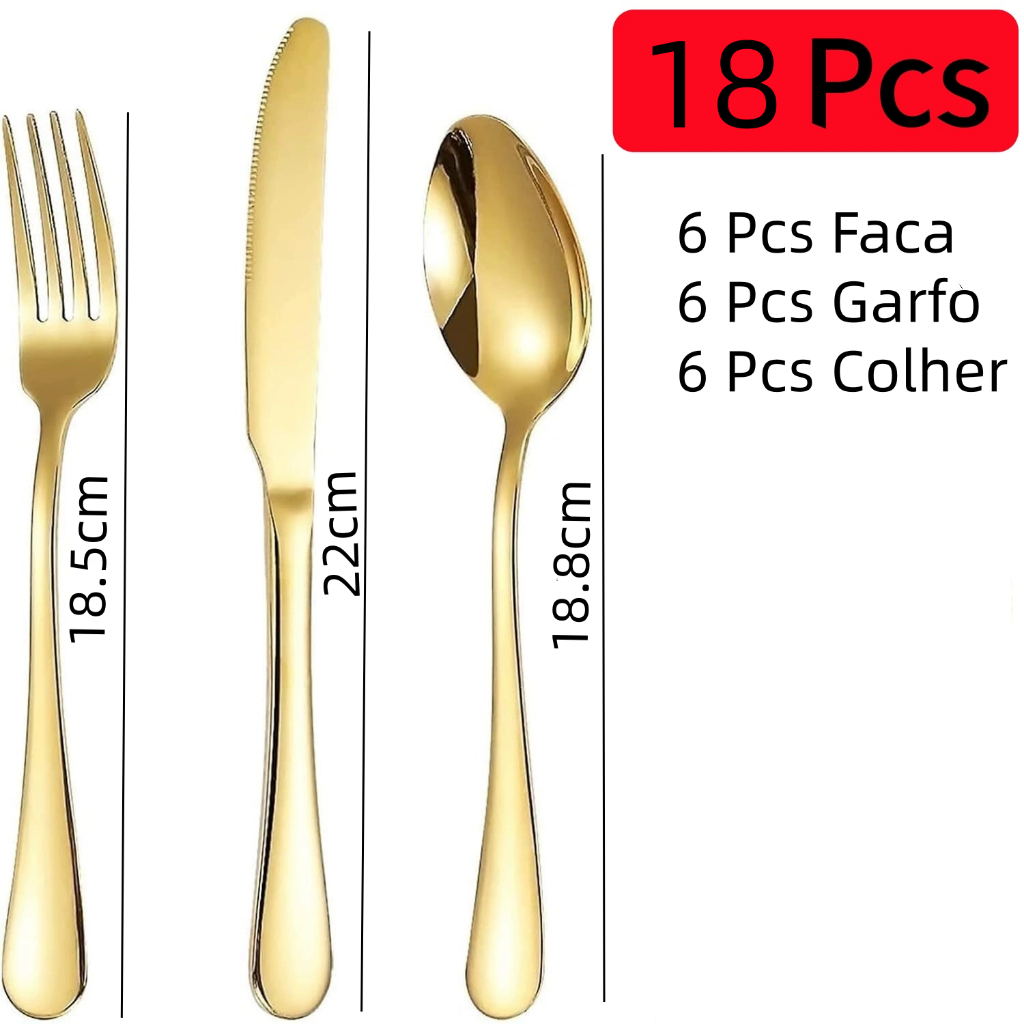 18 Peças Talheres Ouro De Aço Inox Garfo Colher Faca Colher De Mesa