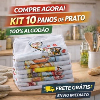 Kit 10 Panos de Prato Algodão Estampado | Pano de Cozinha Absorvente Limpeza em Oferta na Shopee