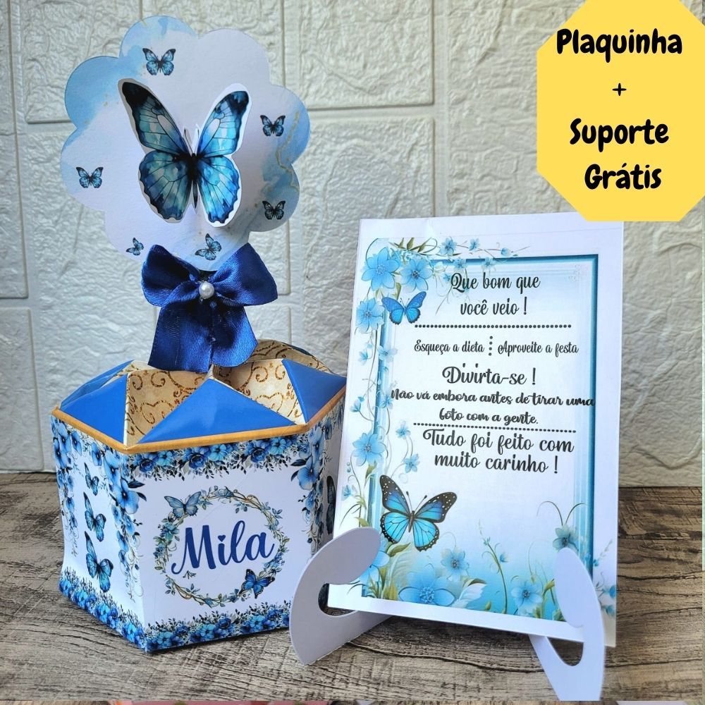 Centro de Mesa Borboleta Azul Cachepô Jardim das Borboletas + Plaquinha Arranjo Enfeite Lembracinha p/Festa Aniversário