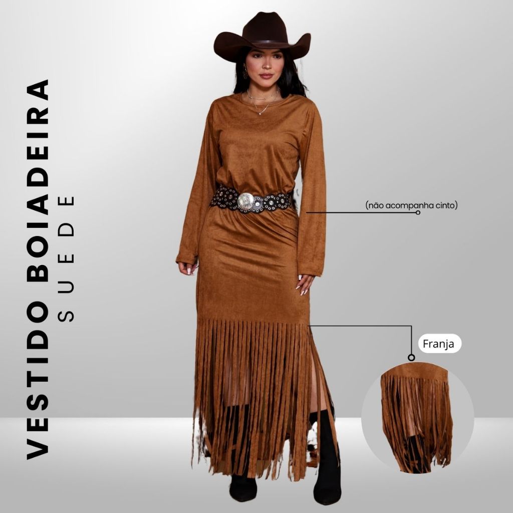 Vestido Feminino Country Com Franja Suede Festa  Manga Longa Rodeio Confortavel
