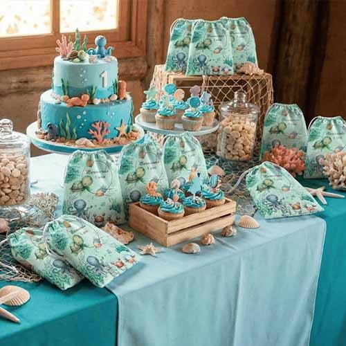 10 sacolinhas personalizada  tecido FUNDO MAR CANDY VER Lembrancinhas festa de aniversario 30cmx20cm