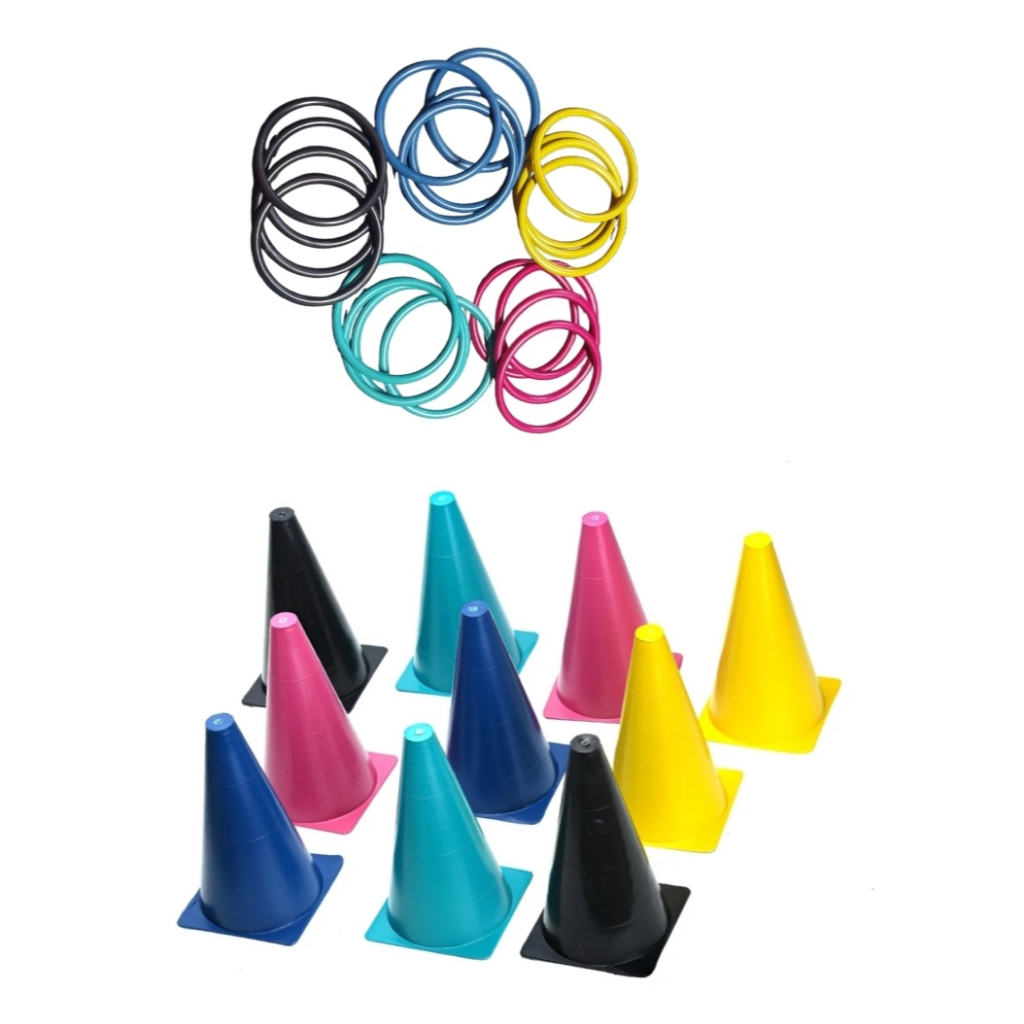 KIT CORDENAÇÃO MOTORA-ATIVIDADES LUDICAS-KIT 5 CONE, 10 MINI ARGOLAS JOGOS FUNCIONAIS-ATIVIDADES LUDICAS em Oferta na Shopee