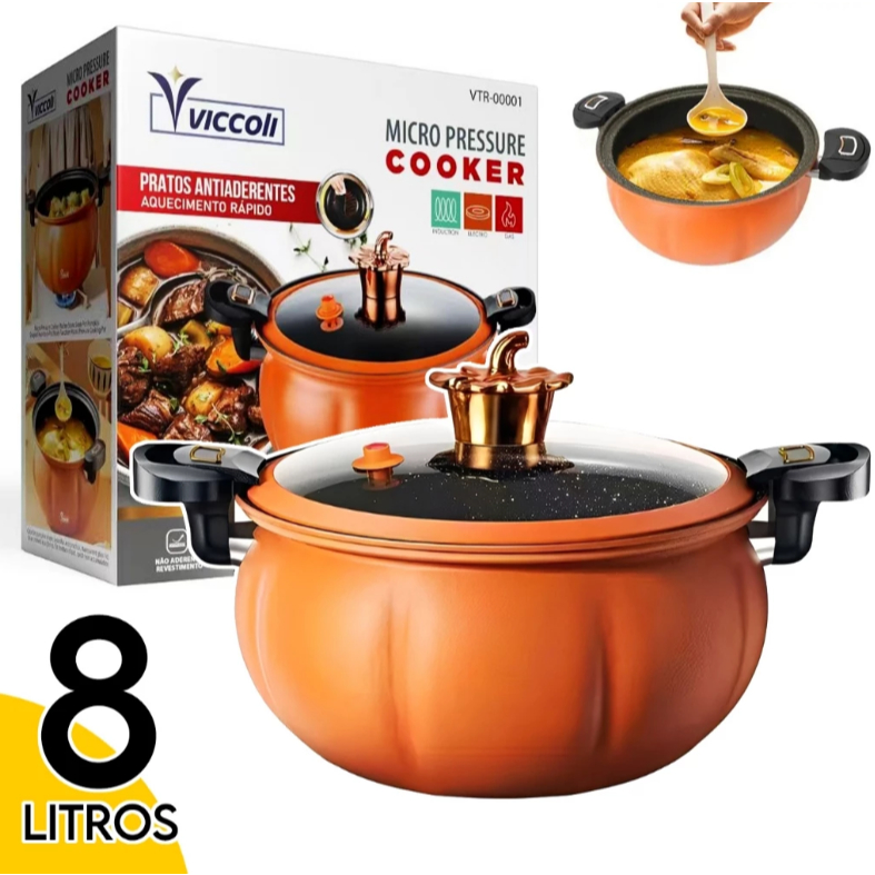 Panela de Micro Pressão Viccoli 8L Antiaderente Cozinha Indução e Gás Abóbora