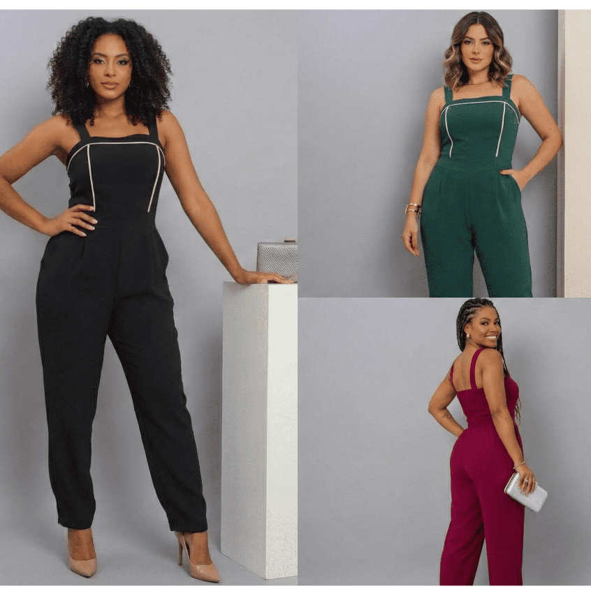 Macacão Feminino Vies Longo de Alcinha Com LInhas Duna Skinny Social Elegante