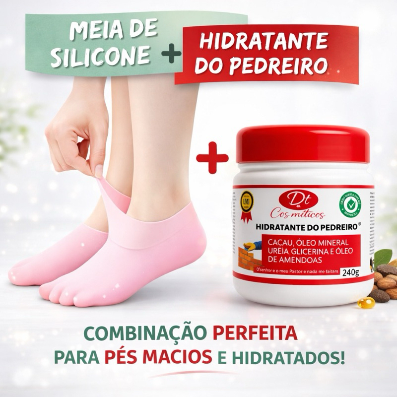 Meia de Silicone em Gel + Creme Hidratante do Pedreiro Pés Rachados Ressecados e Grosso Nutre Profundamente