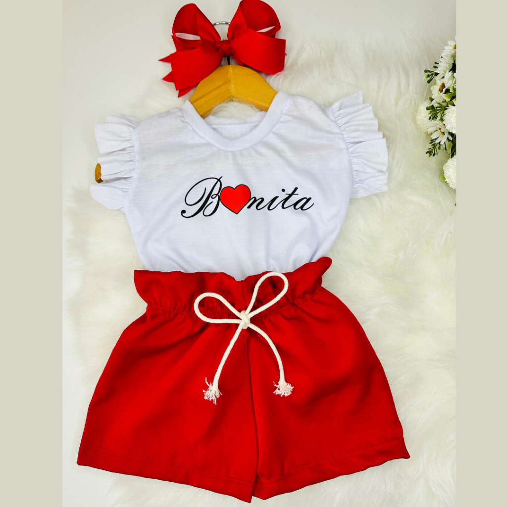 Conjunto Infantil Menina Bonita – Blusinha Branca babadinho  e Short Vermelho