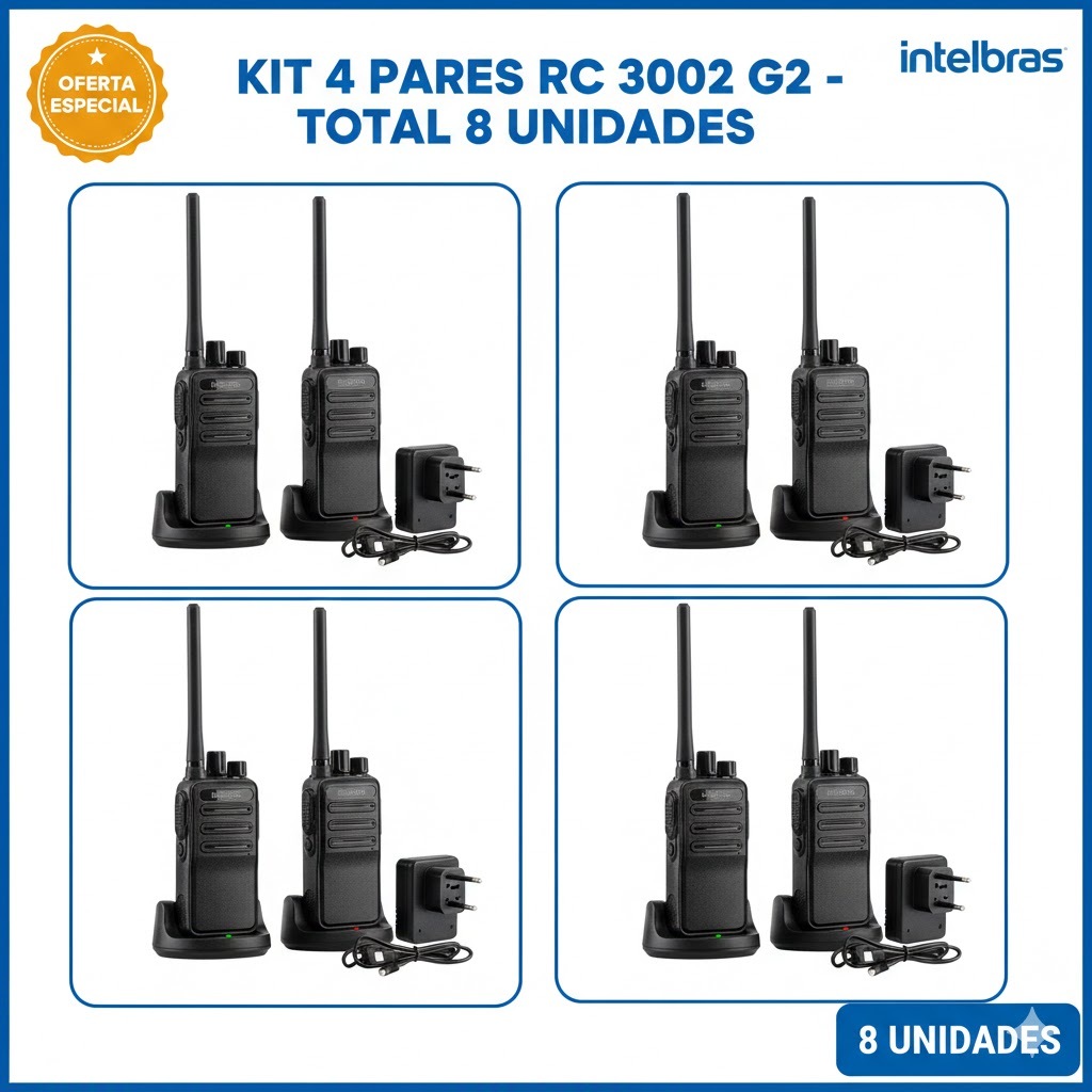 Kit 4 Pares Rádio Comunicador Intelbras RC 3002 G2 - Total 8 Unidades