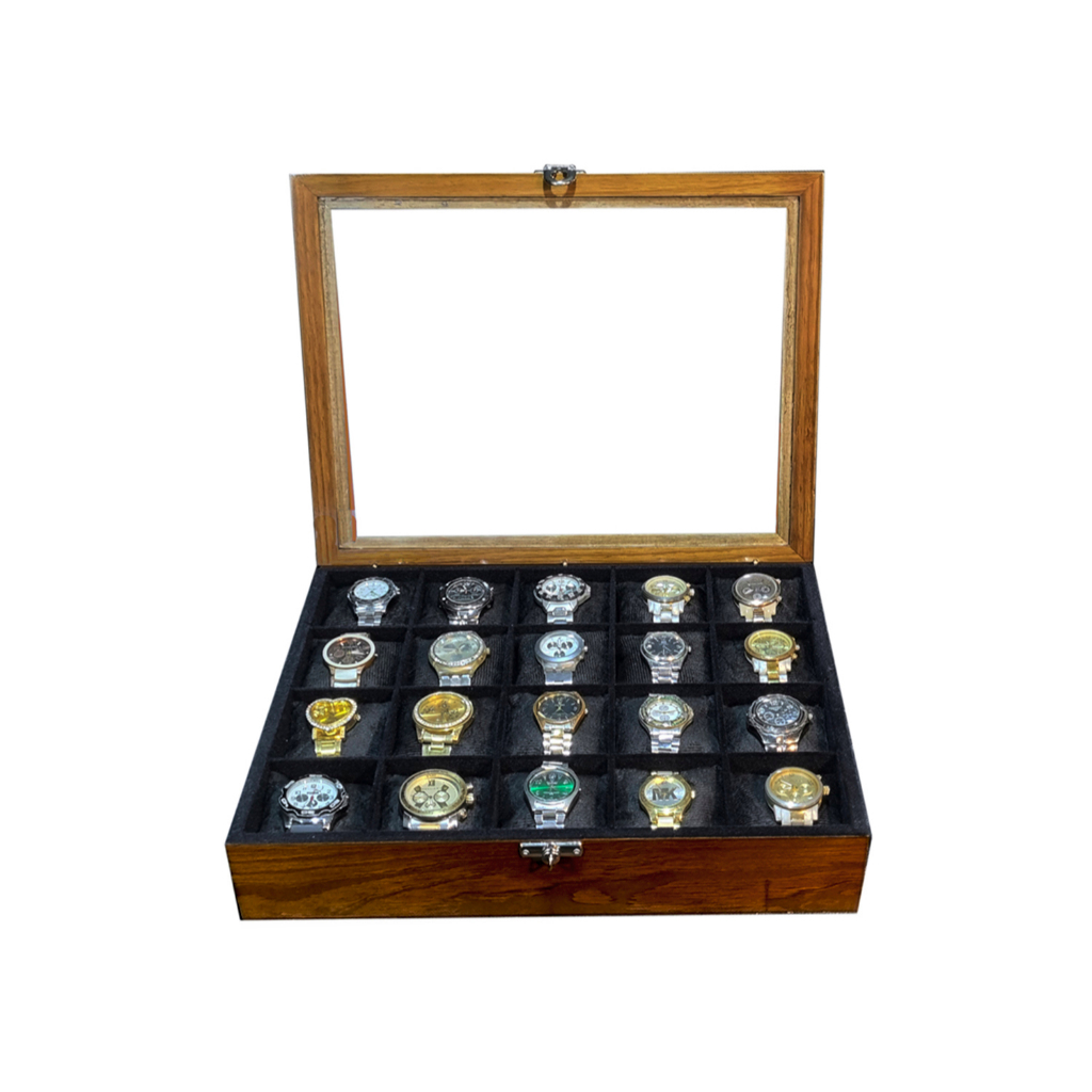 Caixa Relógios Madeira Maciça Tabaco Veludo Preto 20 Divisões