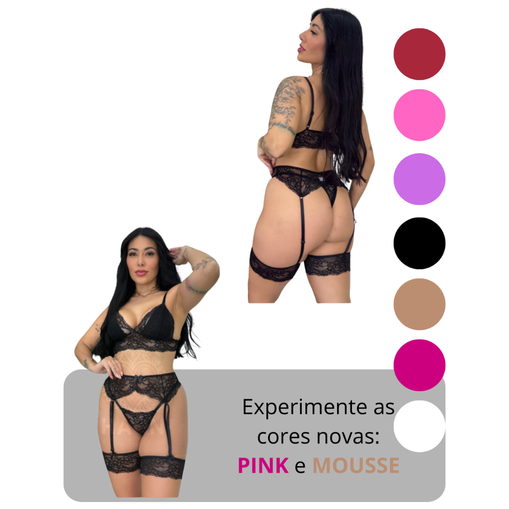 Lingerie Sexy Conjunto com Calcinha Fio dental Cinta Liga e Perneira Persex em Renda  P - Plus Size em Oferta na Shopee