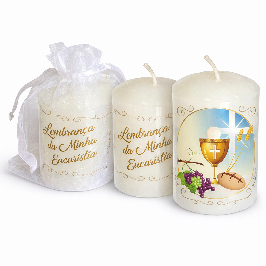 Kit 15 velas de Lembrancinha de primeira Eucaristia, primeira comunhão, já embaladas em organza.