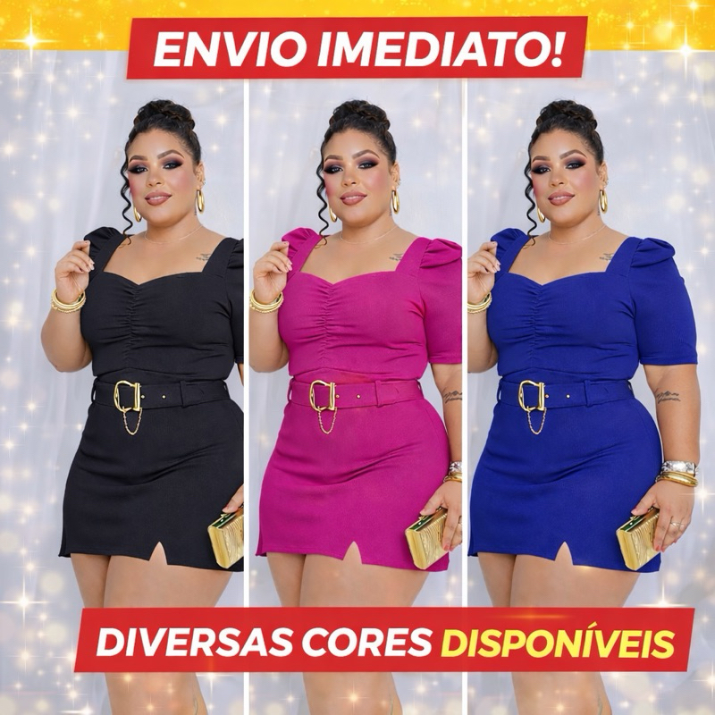 Conjunto Feminino Plus Size Com Cinto Short Saia E Cropped Manga Princesa Com Elasticidade