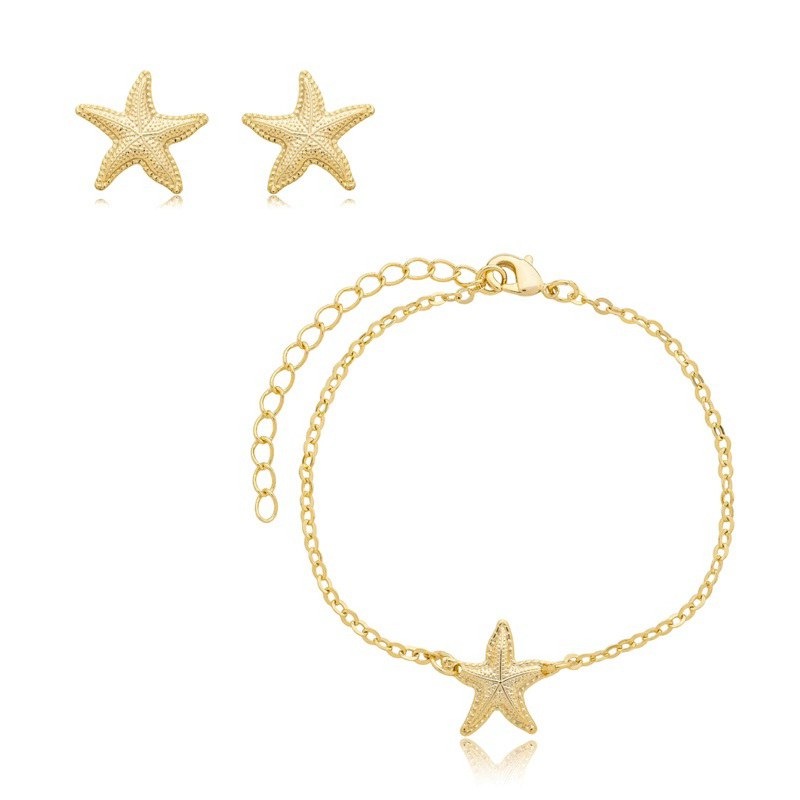 Pulseira Estrela do Mar + Brinco Estrela do Mar Folheado | 16cm + Extensor | Garantia