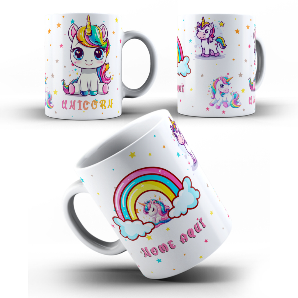 Caneca Infantil Unicórnio Personalizada Com Nome Polímero Inquebrável Escolar Menina Plástico Resistente