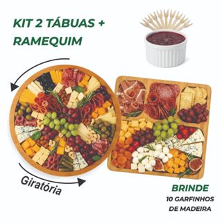 Kit 2 Petisqueira Redonda Giratória + Tábua Quadrada com Ramequim P/ Petiscos Frios e Queijo em Oferta na Shopee