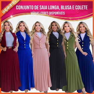 CONJUNTO: COLETE, SAIA LONGA PLISSADA, CINTO E CAMISETA  MODA EVANGELICA MODA CRISTÃ CONGRESSO CULTO em Oferta na Shopee