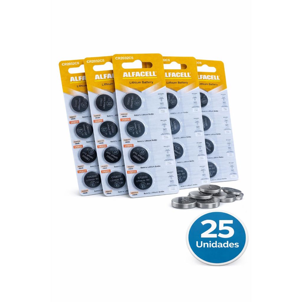 Kit com 25 Bateria CR2032 3V Lithium Alfacell 5 Cartela com 5 Unidades Total 25 Unidades