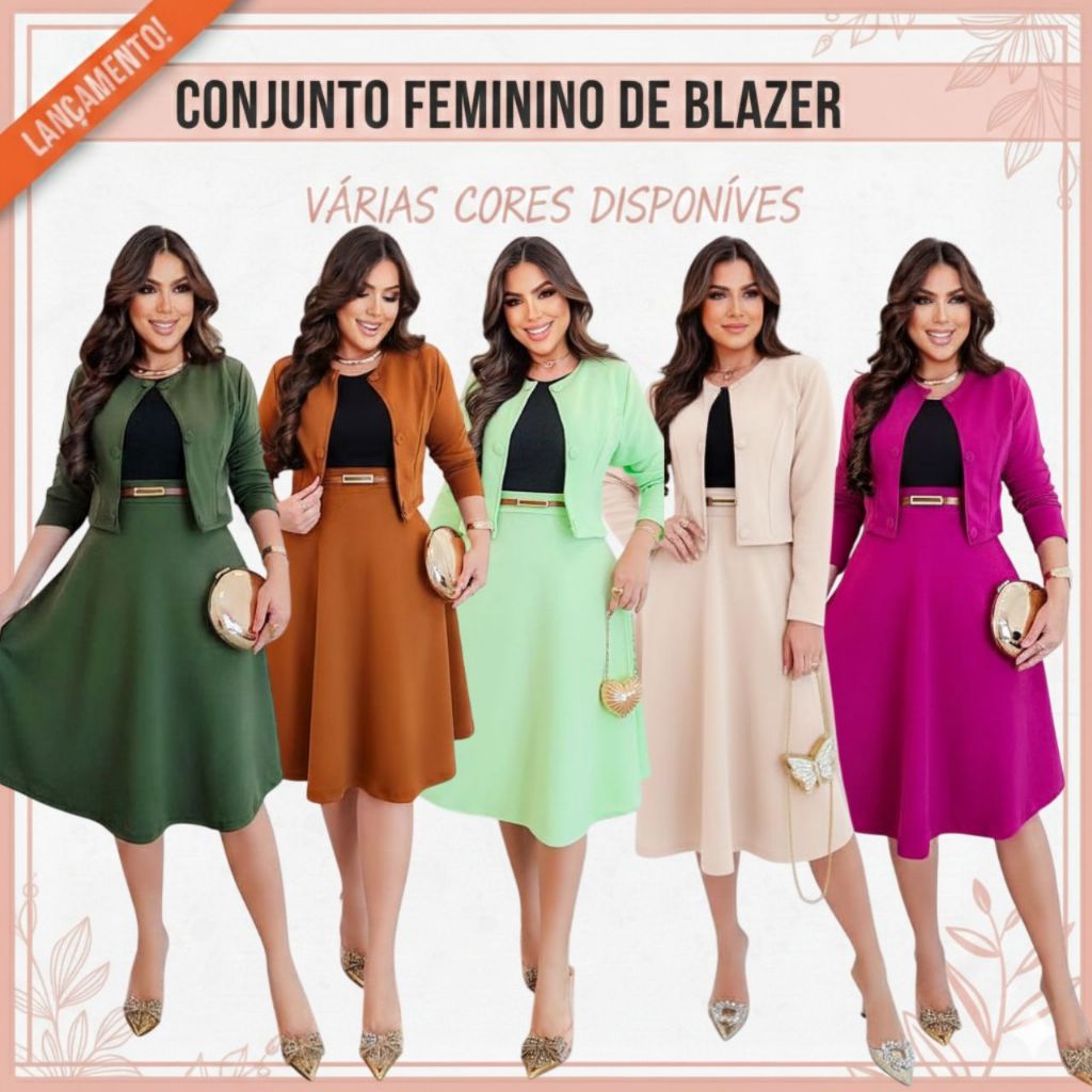 CONJUNTO FEMININO: BLAZER , SAIA MIDI, CAMISETA C/ CINTO; MODA EVANGÉLICA, CONGRESSO CULTO PLUS SIZE em Oferta na Shopee
