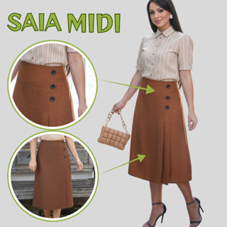 Saia Midi feminina Plissada  detalhe 3 botões, linhão zíper na costa, Moda Evangélica, Elegante social. em Oferta na Shopee