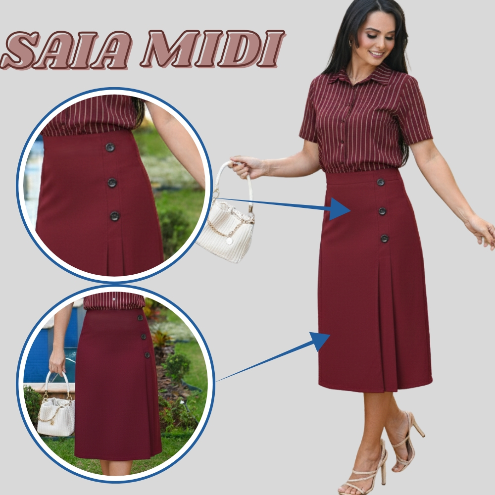 Saia feminina detalhe 3 botão tecido linhão saia midi moda evángelica Social P-M-G-GG em Oferta na Shopee