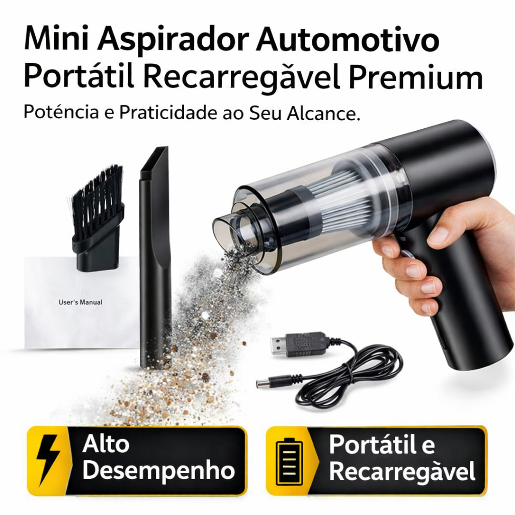 Mini Aspirador Automotivo Portátil Recarregável Premium
