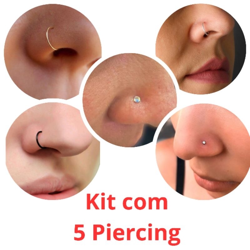 Kit 5 Piercings de Nariz Nostril Argola (Prata, Ouro, Preto) + 2 Pedrinhas Ponto de Luz Brilhante e Furta-cor