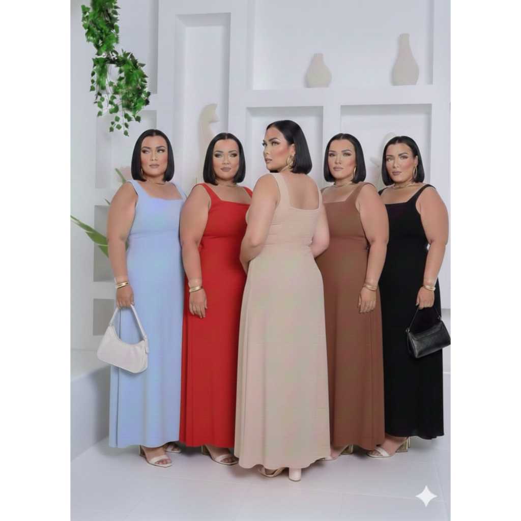 Vestido Plus Size Feminino Liso, Longo e com Elastex nas Costas G - GG - G1