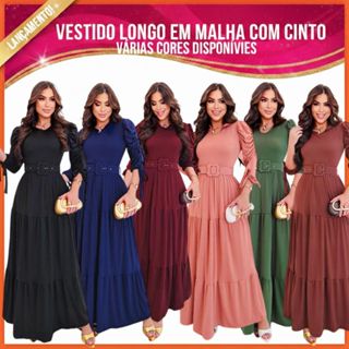 VESTIDO LONGO MANGA LONGA EM MALHA C/ CINTO MODA EVANGELICA; MODA CRISTÃ; CONGRESSO CULTO; PLUS SIZE em Oferta na Shopee