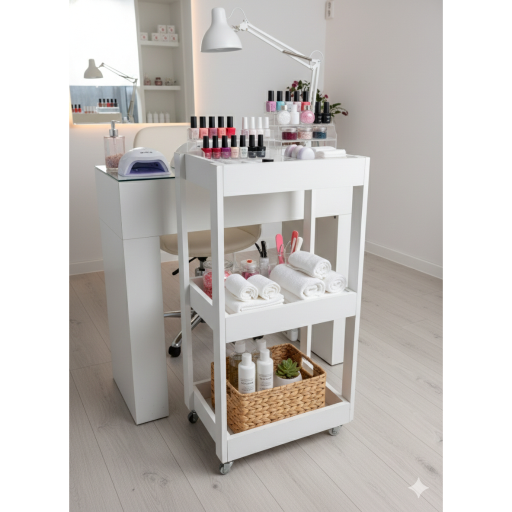 Carrinho Auxiliar Utilitário Multiuso Madeira Branco Com Rodinhas 3 Prateleiras - Salão, Manicure, Banheiro, Cozinha