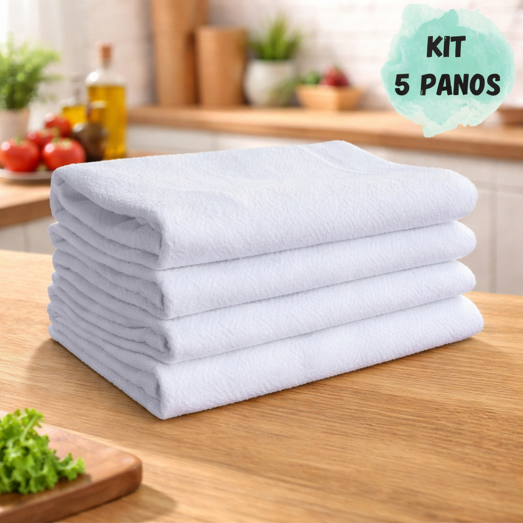Kit 5 Panos de Prato Guardanapo Branco com Bainha 100% Algodão Pé de Galinha Absorvente Legitimo  41x66cm