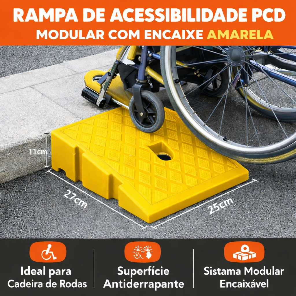 Rampa degrau 11x27x25 cm encaixe modular calçadas garagens meio fio pcd acesso deficientes - Amarelo