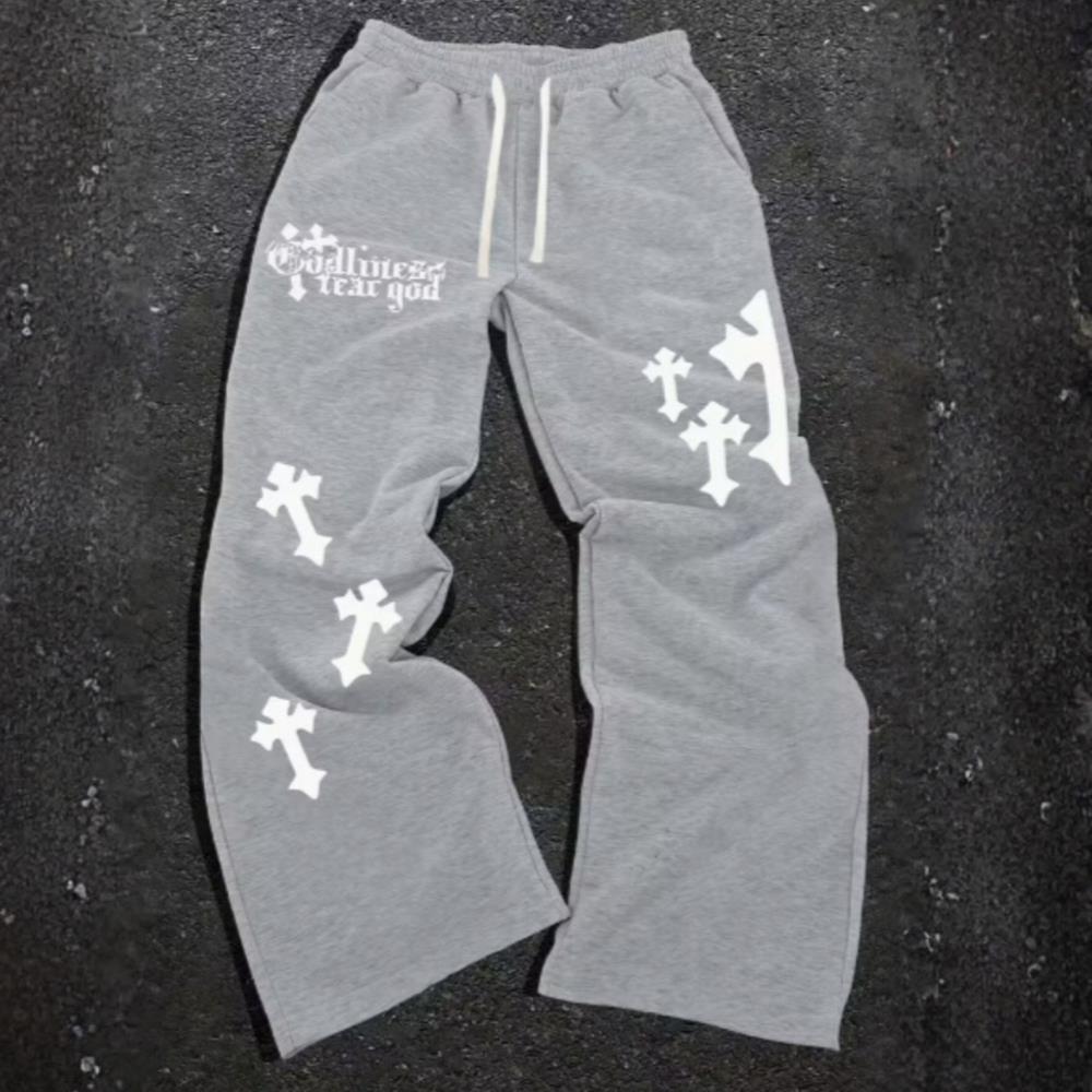 Calça Moletom Ajustável Oversized Moda  Gótica Cruzes Wide Baggy  Estilo Urbano Algodão Flanelado em Oferta na Shopee