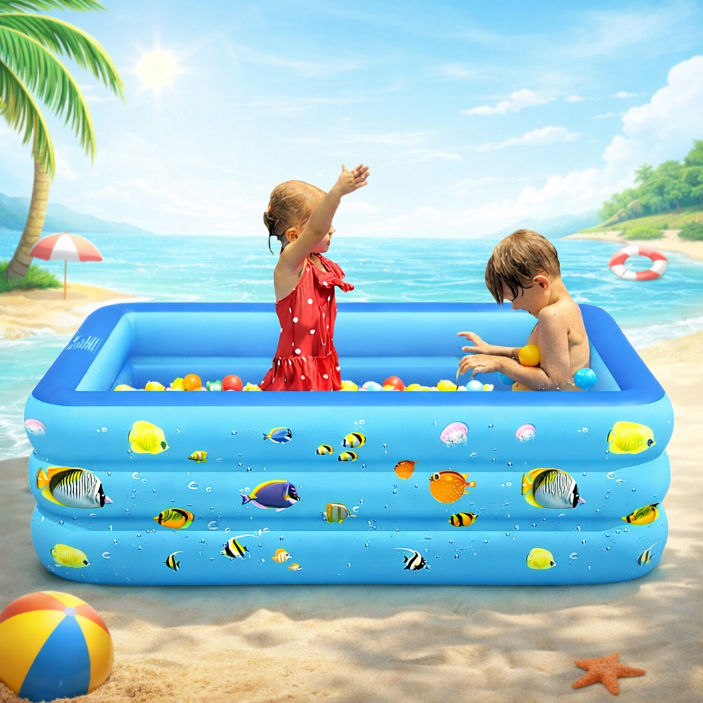 Piscina Inflável Infantil Retangular 3 Andares em PVC Reforçado  Azul e Rosa Verao Crianças