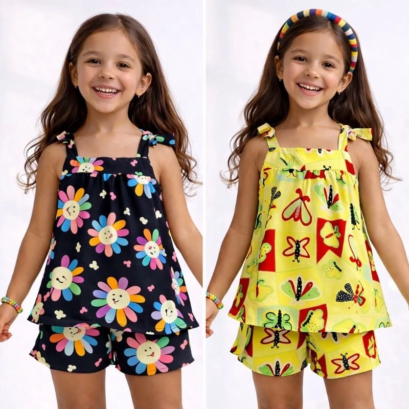Conjunto Infantil Menina Estampa Colorida Short e Blusa Casual Verão Juvenil 2 ao 10 anos Viscolinho Leve — imagem 1