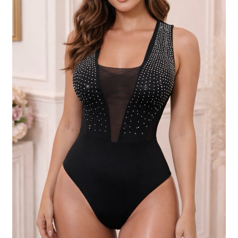 Body Feminino Bella em Pedraria Strass Brilhante com Bojo e Tule em Oferta na Shopee