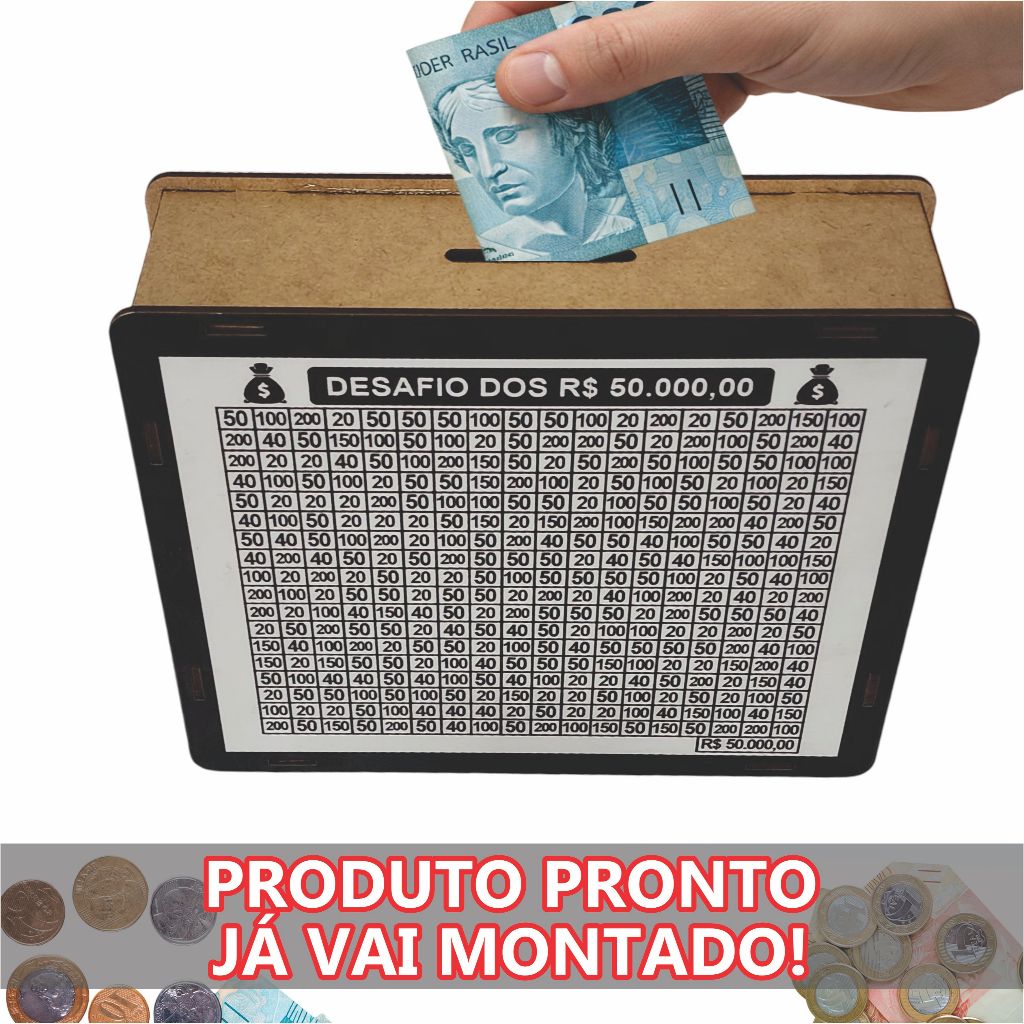 Cofre Cofrinho Desafio 50 mil Caixa de Dinheiro MDF / Método Japonês / Poupança / Depósitos Contador Pedagógico Presente